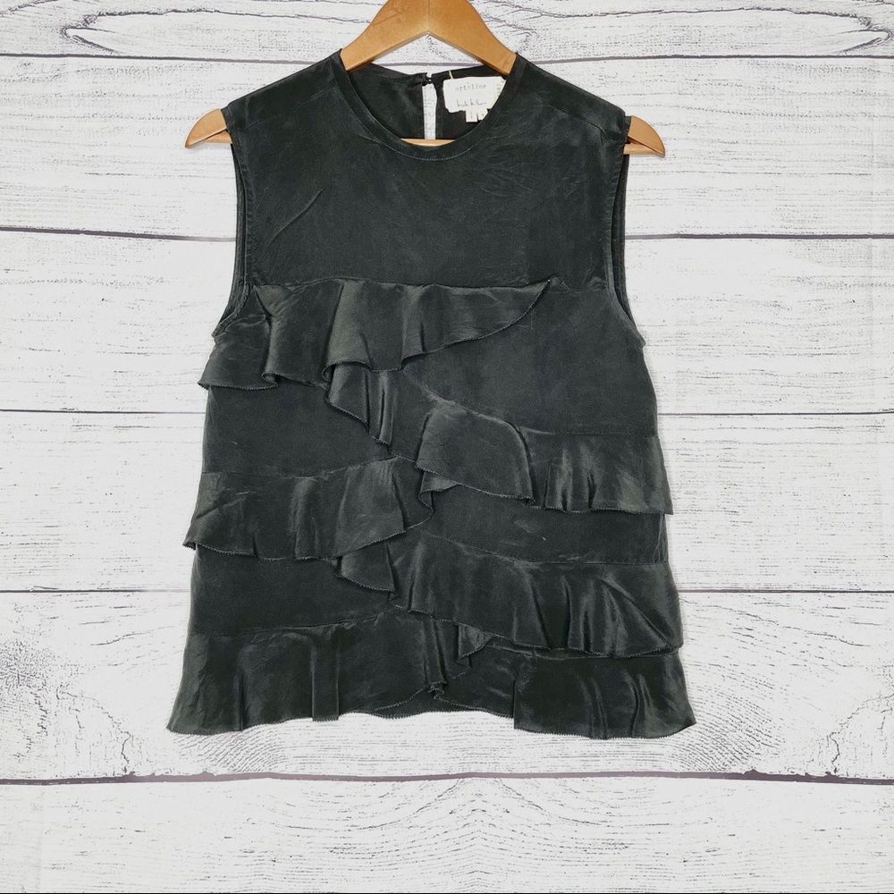 Nicole Miller Artelier black silk ruffle tank top